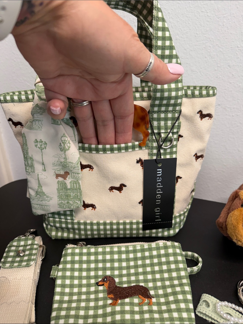 Madden Girl | Green Gingham Dachshund Canvas Tote | Wristlet, Bag Charms & More - Picture 10 of 15